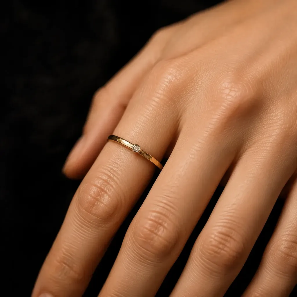손가락에 낀 1.6mm 폭의 결 반지. 얇은 밴드가 피부 위에서 은은하게 빛난다.