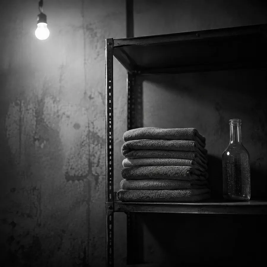 다용도실 철제 선반에 개어 둔 수건 더미와 유리병. 전구 하나가 위에서 비춘다.
